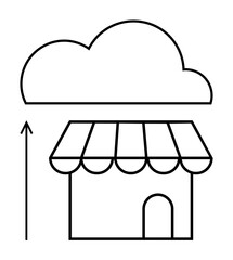 Arrow elevates shop icon towards cloud outline. Ideal for tech, business expansion, cloud computing, entrepreneurship, digital innovation, scalability, minimalism. Line metaphor