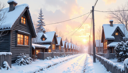 Fototapeta premium Cozy winter village at January sunrise with snow-covered houses and warm glowing lights