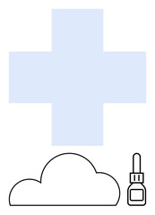 Medical cross with light blue fill placed above a simple outline of a cloud and a dropper bottle. Ideal for healthcare, wellness, medical services, pharmaceuticals, weather, skincare, online