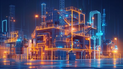 Fototapeta premium Neon blue Digital construction site sketch. Building 3D Printing, Building Information Modeling, Industrial background, Build project, Architect plan, Urban development, Modular Construction concept