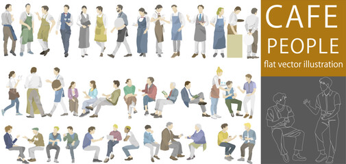 Flat vector illustration collection of waiters and customers working in cafe