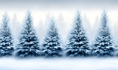 Obraz premium Serene winter landscape featuring snow-covered evergreen trees in a misty forest. Ideal for Christmas, winter, or nature-themed projects.