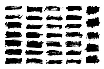 Collection of ink brush strokes. Set of vector grunge brushes featuring dirty textures for banners, boxes, frames, and design elements. Painted objects isolated on a white background
