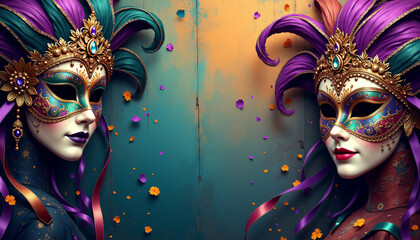 Elegant Mardi Gras banner featuring intricate masks and vibrant colors for festive celebrations