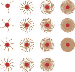 赤の丸に金の線、線3本から70線まで15種類の幾何学シンボル