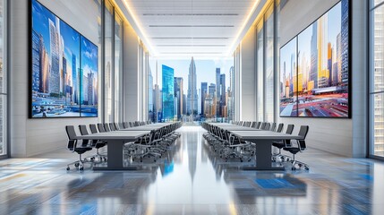 Modern conference room with city skyline views and digital screens.
