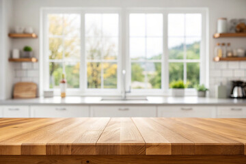 Fototapeta premium Empty wood table top on blur kitchen window background. For product or foods montage.