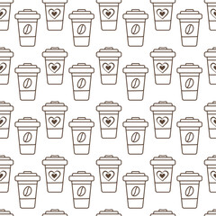 Outline disposable cups with heart or coffee bean on label Seamless pattern Coffee Drink background