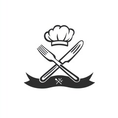 Chef hat, fork, knife, ribbon logo design.