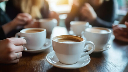 Fototapeta premium Warm coffee cups on wooden table, creating cozy atmosphere for friends gathering. Enjoying moments together over steaming beverages