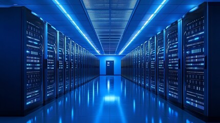 Fototapeta premium A long hallway in a data center with server racks on either side, lit with blue and white lights.