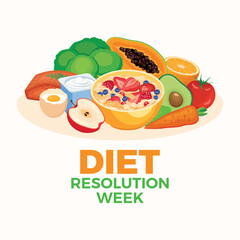 Diet Resolution Week poster vector illustration. Bowl of oatmeal, fruits, vegetables, proteins vector. Pile of healthy fresh food drawing. Template for background, banner, card. January every year
