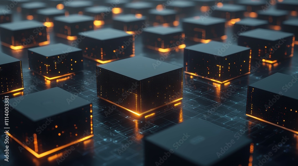 Poster abstract data center concept with glowing blocks and flowing lines in dark environment