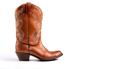 Cowgirl boots are a specific style of riding boot that have a high heel that is traditionally made of made from cowhide leather, rounded to pointed toe, high shaft with no lacing. Isolated on white