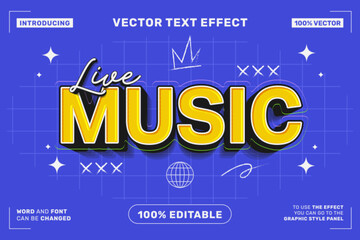 Editable text effect Live Music 3d Cartoon template style premium vector