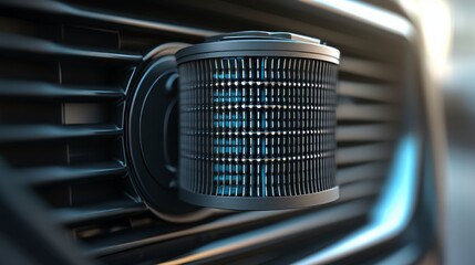 A close-up of a car air filter mounted on a vehicle's grille, showcasing its design and function.