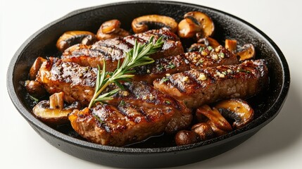 Fototapeta premium Sizzling Juicy Steak Plated on a Cast Iron Skillet with Grilled Mushrooms on White Background
