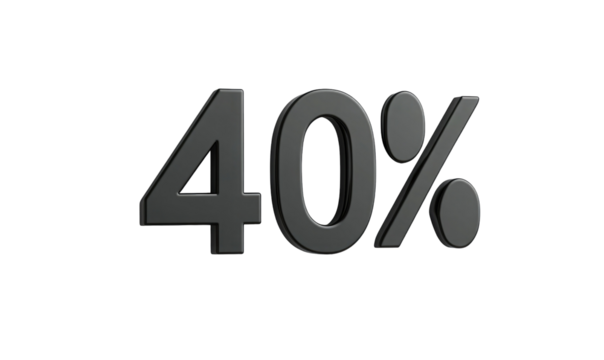 3D black text 40 percent  isolated on a transparent PNG white background