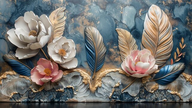 Fototapeta triptych panel wall art, marble background with feather and flower designs, wall decoration