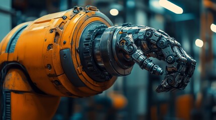 Obraz premium A close-up of a robotic arm showcasing advanced mechanical design and industrial application.