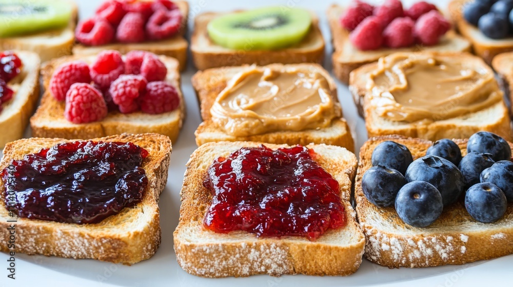 Poster colorful bread slices with varied toppings of fruits and spreads