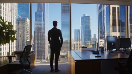 Fototapeta premium Businessman in modern office looking at cityscape.