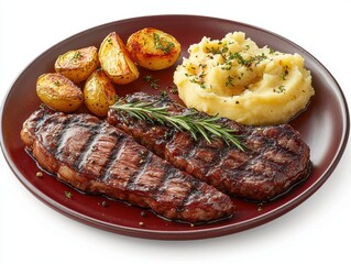 Grilled Steak and Mashed Potatoes on a Deep Red Ceramic Plate on White Background Culinary Delight Gourmet Experience Food Photography