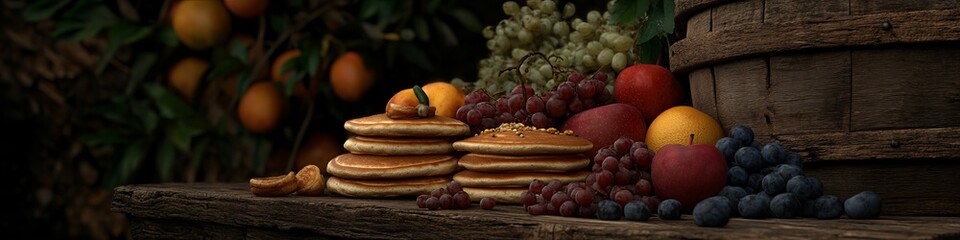 A rustic still life with stacks of pancakes, grapes, apples, and blueberries on a wooden table.