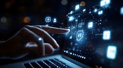 Futuristic hand touching a digital network interface, symbolizing AI, technology, and innovation in the era of intelligent computing.