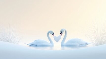 Fototapeta premium Elegant Pair of Swans in Love Gracefully Gliding on Calm Water with Heart Symbol