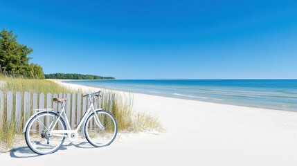 Idyllic White Bicycle on Sandy Beach with Clear Blue Sky and Ocean View