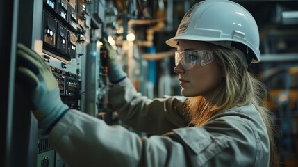 A woman in safety gear operates machinery in an industrial setting, showcasing technical skills.