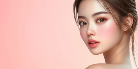 Fototapeta premium Elegant portrait of an Asian woman with glowing skin and natural makeup. Perfect for beauty, skincare