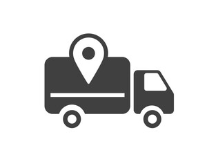 Order delivery truck pick up icon vector with map pin pointer sign symbol simple graphic pictogram silhouette, shipment dispatch location logo, freight cargo van destination image clip art
