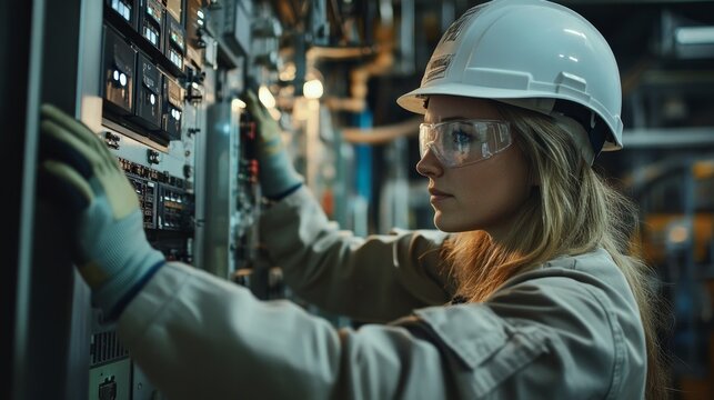 A woman in safety gear operates machinery in an industrial setting, showcasing technical skills.