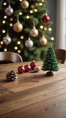 a wooden table in the foreground and a beautifully lit Christmas tree in the background. The bokeh effect from the Christmas lights creates a magical and festive atmosphere. adding a touch of holiday 