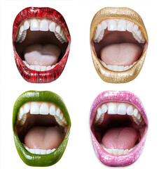 A creative set of four open lips with bold lipstick colors in red, gold, green, and pink, showcasing unique textures and glossy finishes on a white background.