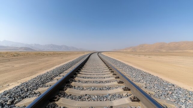 Expansive Desert Landscape with Straight Railway Tracks Leading into the Horizon Under Clear Blue Sky in Remote Arid Environment - Powered by Adobe