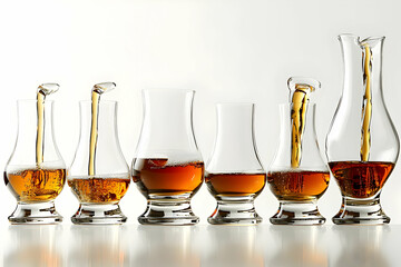 A sophisticated display of whiskey glasses, each filled with a different pour, captured against a white background to celebrate the fine art of whiskey tasting.