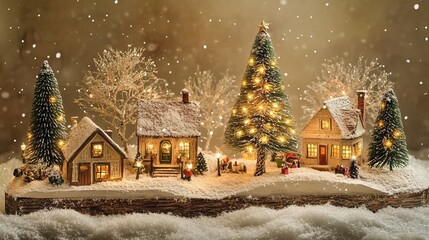 Fototapeta premium Festive Christmas decor featuring a miniature tree adorned with twinkling lights, nestled amidst a snowy backdrop, exuding warmth and holiday cheer. 