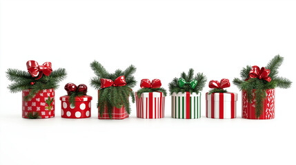 festive Christmas gifts, presents boxes in a row on white transparent background