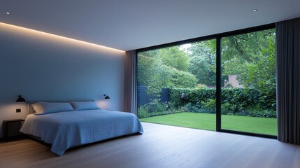 Fototapeta premium Serene Modern Bedroom with Large Windows Overlooking Lush Green Garden and Natural Light Streaming Through the Space