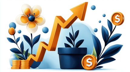 Growth Concept with Plant, Coins, and Flower Representing Financial Success and Investment
