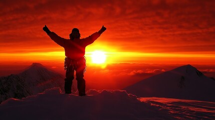 A climber celebrates a stunning sunset atop a snowy mountain peak.