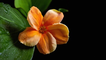 Orange Flower in Dark with Green Leaves
