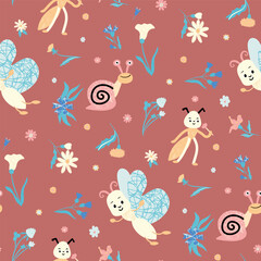 Cute seamless pattern with snails, ants, butterflies
