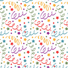 Festive seamless pattern with confetti for birthday. Holiday Repeating background, vector illustration for gift paper, greeting card, decoration.
