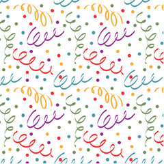 Festive seamless pattern with confetti for birthday. Holiday Repeating background, vector illustration for gift paper, greeting card, decoration.