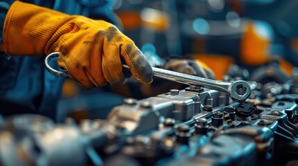 Handsome mechanic focused on a vehicle repair with a ratchet in a well-maintained, clean workshop