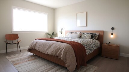 Cozy and Stylish Bedroom with Modern Decor, Bright Natural Light, and Warm Color Palette, Featuring a Comfortable Bed and Minimalist Furniture